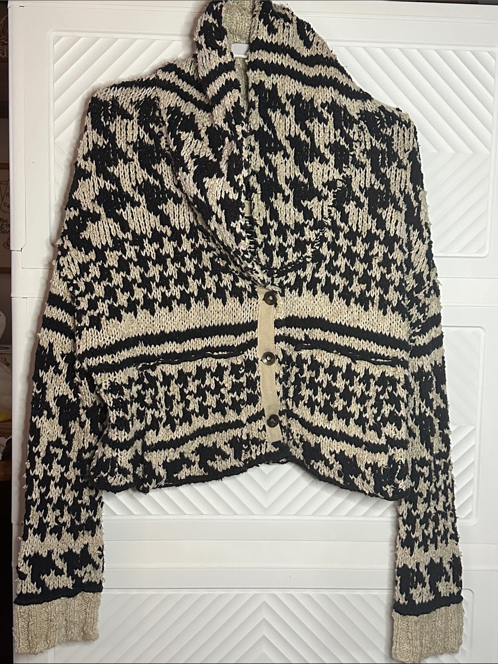 Free People Black and Cream Patterned Shawl Collar Cardigan